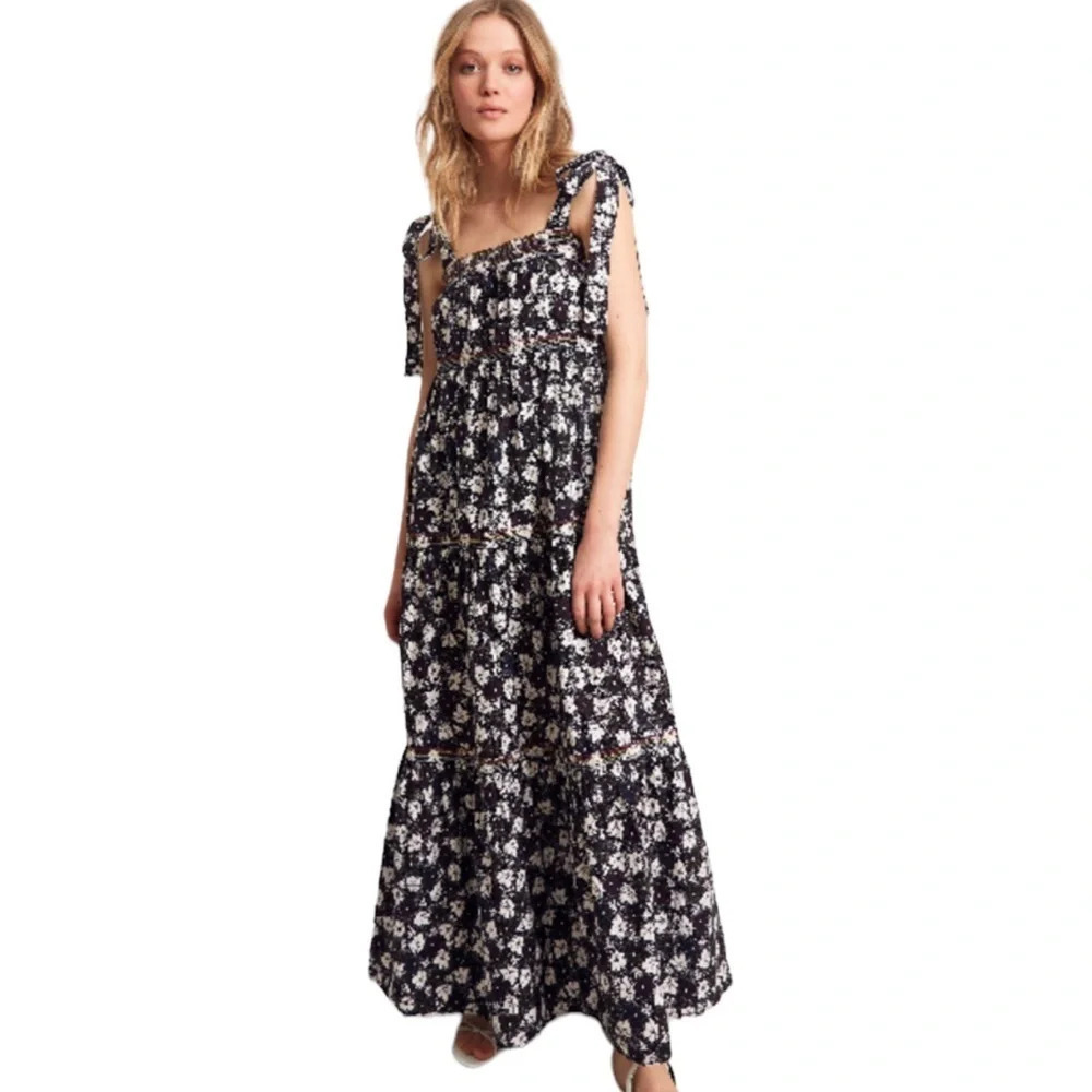 WARM Dress Big Love Floral Tiered Tie Shoulder Maxi Dress Size S Black
